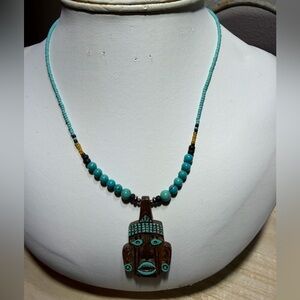 Handcrafted Turquoise Beads and Wood Mask Pendant Necklace